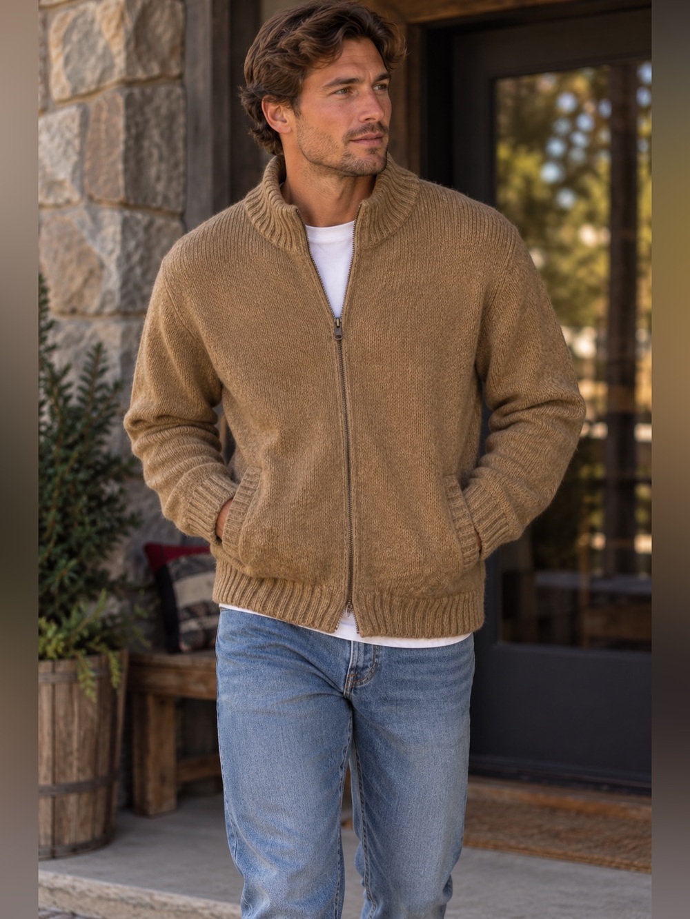 L.L. Bean Men’s Camel Wool Zip Sweater - Mock Neck - Men’s XL - Dadcore